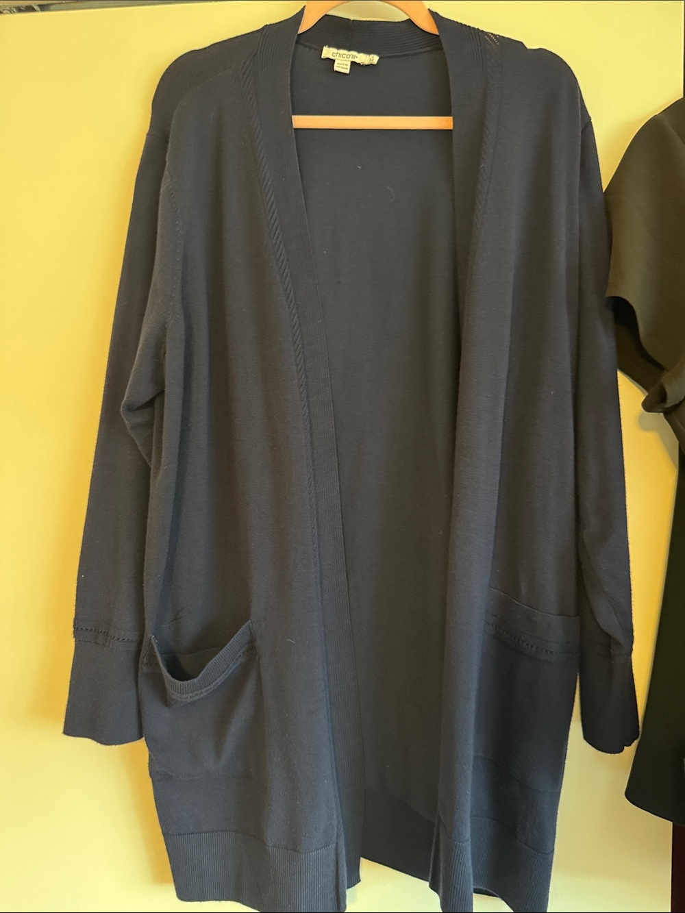 Chico's Navy Open-Front Long Cardigan with Pockets